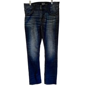 Buckle BKE Black Jeans Mens 33L Blue Fit No 3 Straight Bootleg Embroidered Denim